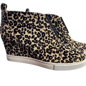 NEW L Paolo Leopard Wedge Ankle Bootie ‎ Zip 6.5M Real Fur Printed Calf Hair